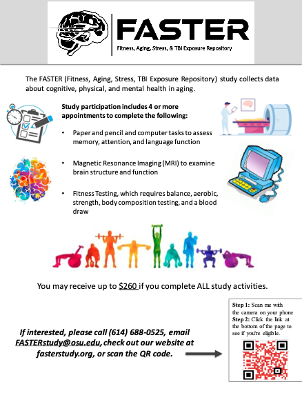 to participate in a study looking at cognitive, physical, and mental heath in aging, contact the faster study at Ohio State University