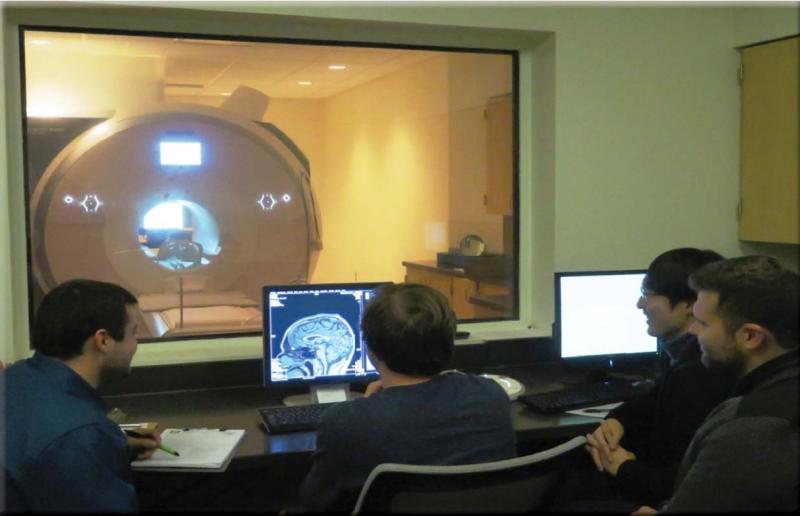 students looking at a brain scan on a computer