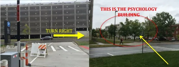 Street views of directions to the Psychology Building