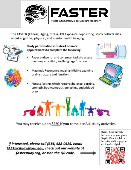 to participate in a study looking at cognitive, physical, and mental heath in aging, contact the faster study at Ohio State University